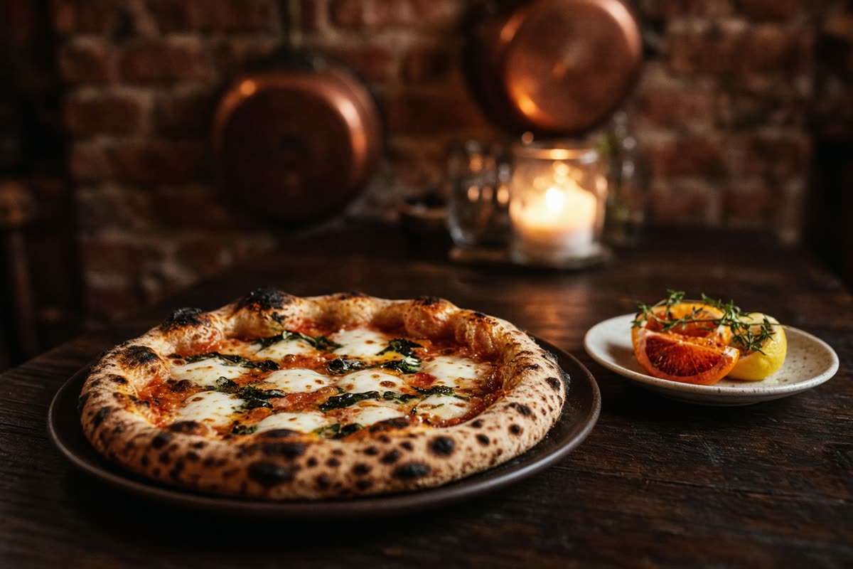 Wood-fired pizza and citrus in candlelight.