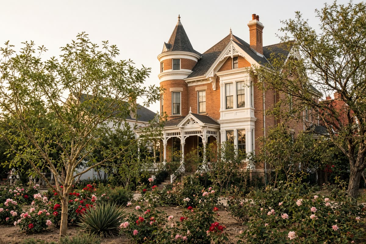 Queen Anne house with pale trim in a garden, photographed in late-afternoon light.