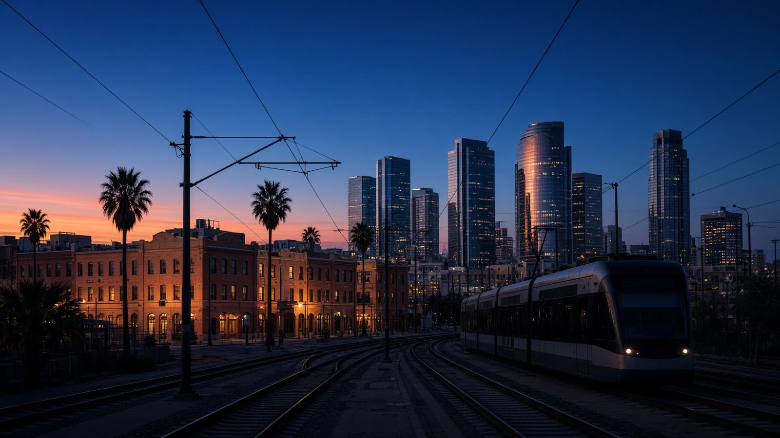Dusk skyline with a light-rail train in the foreground and warm light on brick and glass.
