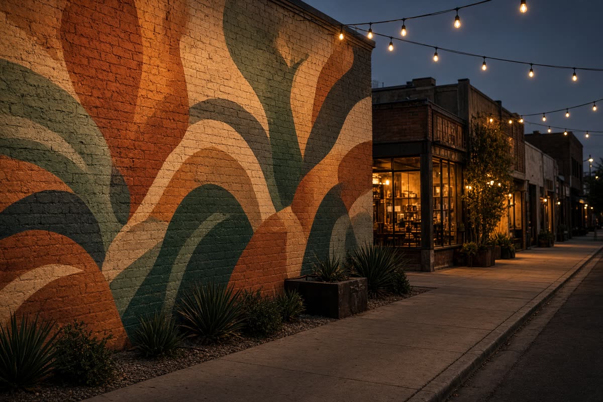 Abstract mural on brick under string lights.