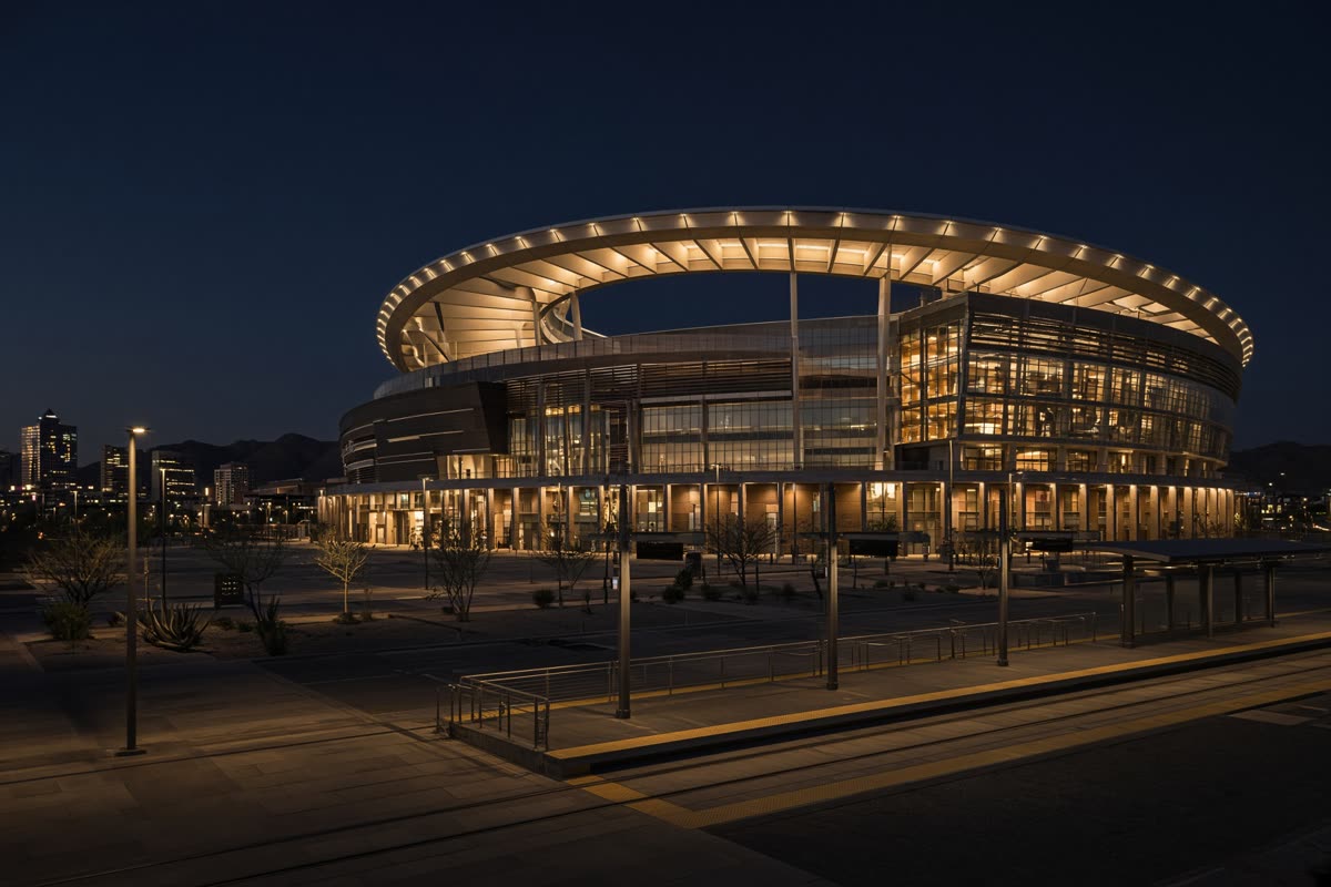 Ballpark exterior at night, roof softly lit, plaza empty.