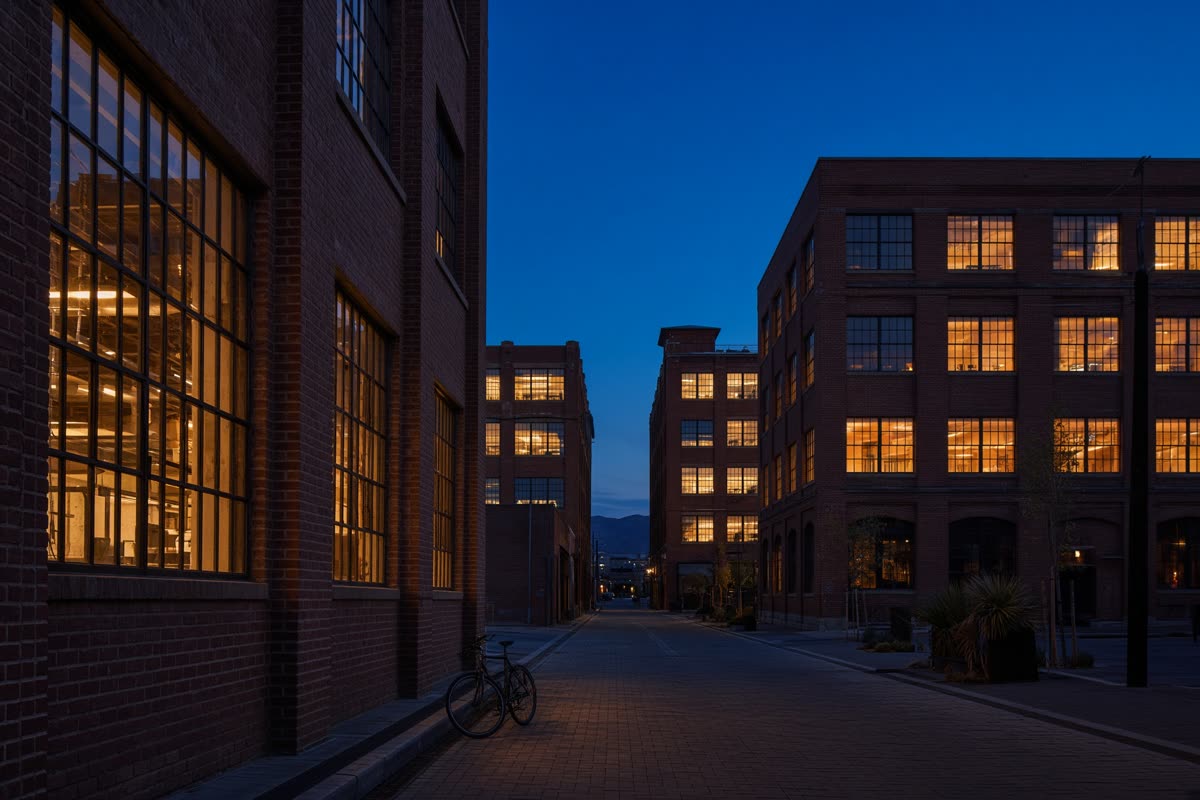 Brick warehouse windows glowing amber at blue hour, with a bicycle in the alley.